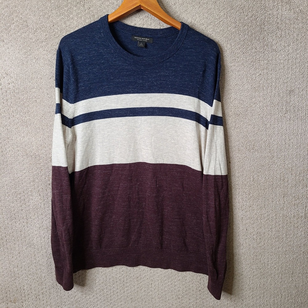 Banana Republic Sweater Mens Large Blue Red Striped Crew Neck Organic Cotton